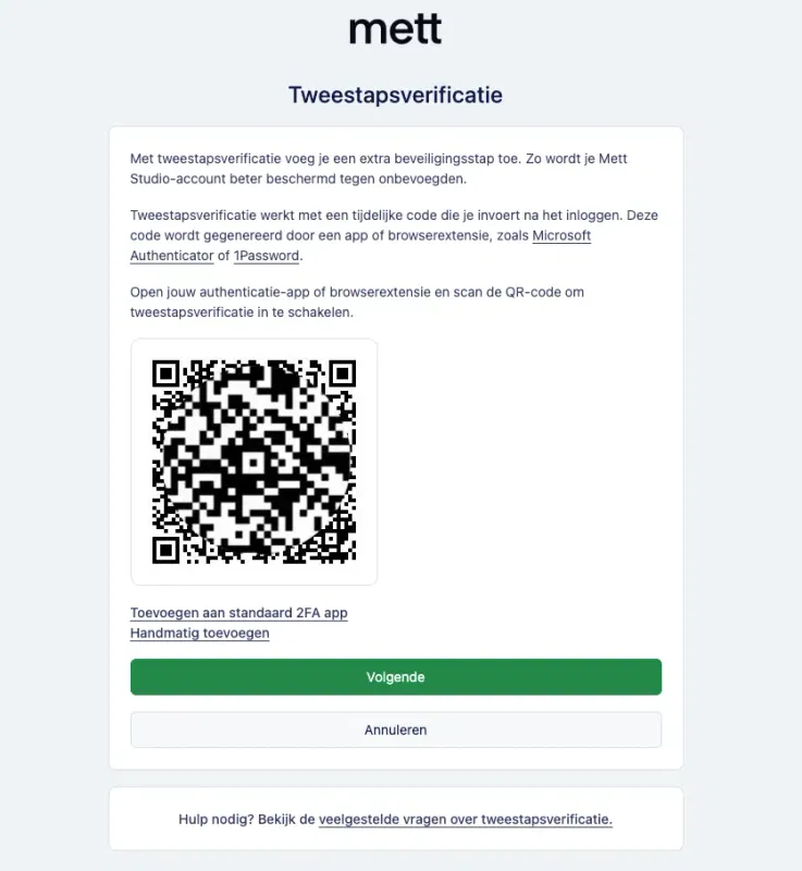 Schermafbeelding van het instellen van tweestapsverificatie